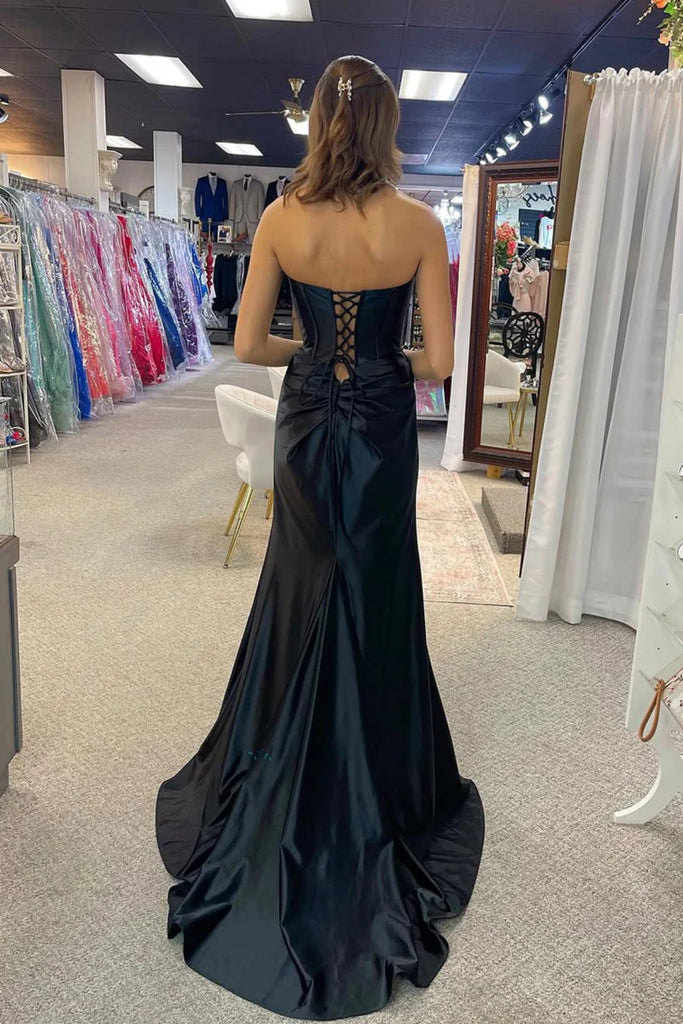 Strapless Mermaid Black Satin Long Prom Dress with High Slit, Mermaid