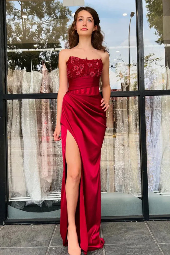 Strapless Mermaid Burgundy Lace Long Prom Dress with Side Slit, Mermai abcprom Strapless Mermaid Burgundy Lace Long Prom Dress with Side Slit, Mermai abcprom