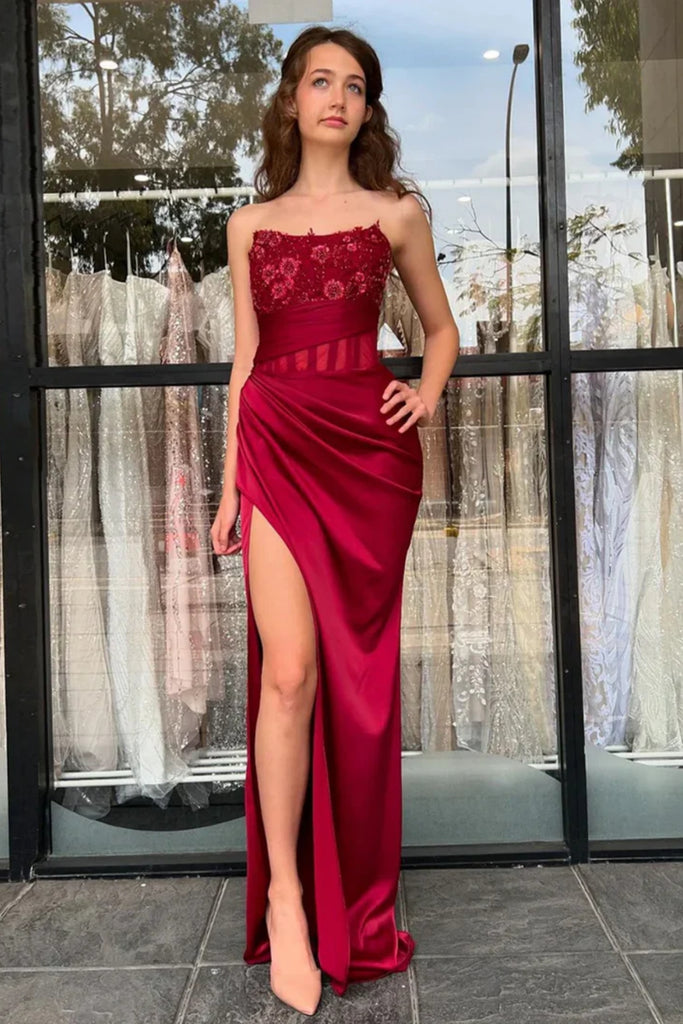 Strapless Mermaid Burgundy Lace Long Prom Dress with Side Slit, Mermai abcprom Strapless Mermaid Burgundy Lace Long Prom Dress with Side Slit, Mermai abcprom