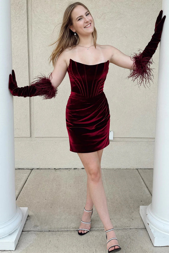 Strapless Mermaid Burgundy Velvet Short Prom Dress, Mermaid Wine Red H abcprom Strapless Mermaid Burgundy Velvet Short Prom Dress, Mermaid Wine Red H abcprom