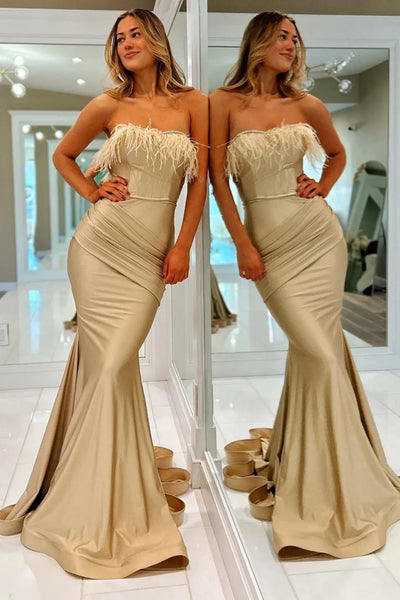 Strapless Mermaid Champagne Long Prom Dress with Train, Mermaid Champagne Formal Dress, Champagne Evening Dress A2019