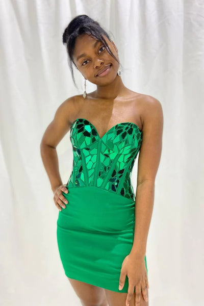 Strapless Mermaid Green Sequin Prom Dress, Mermaid Green Homecoming Dress, Short Green Formal Evening Dress A1943