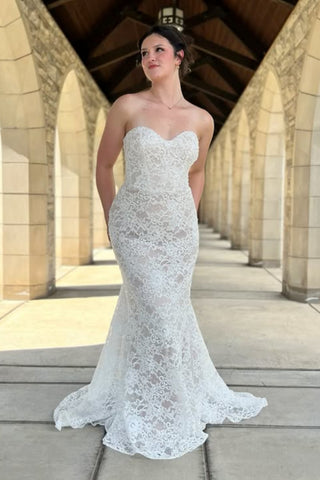 Strapless Mermaid Ivory Lace Long Prom Dress with Train, Ivory Lace Formal Dress, Mermaid Ivory Evening Dress A2277