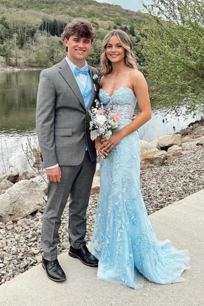 Strapless Mermaid Light Blue Lace Long Prom Dress, Light Blue Lace For abcprom Strapless Mermaid Light Blue Lace Long Prom Dress, Light Blue Lace For abcprom