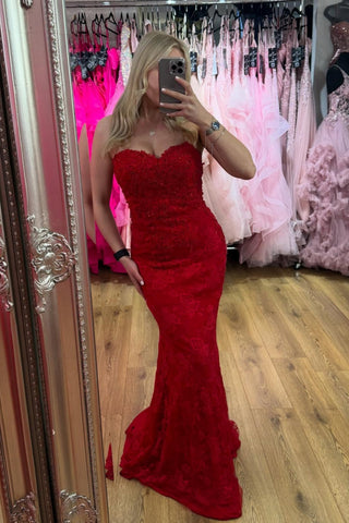 Strapless Mermaid Red Lace Long Prom Dress, Mermaid Red Formal Dress, Red Lace Evening Dress A2492