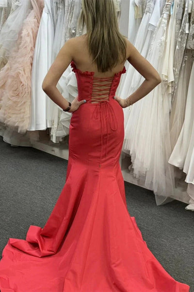 Strapless Mermaid Red Satin Long Prom Dress with High Slit, Mermaid Red Formal Dress, Red Evening Dress A2433