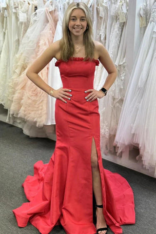 Strapless Mermaid Red Satin Long Prom Dress with High Slit, Mermaid Red Formal Dress, Red Evening Dress A2433
