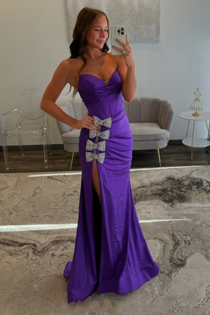 Strapless Mermaid Rhinestone Bowknot High Slit Purple Long Prom Dress, Mermaid Purple Formal Graduation Evening Dress A2285 Strapless Mermaid Rhinestone Bowknot High Slit Purple Long Prom Dress, Mermaid Purple Formal Graduation Evening Dress A2285