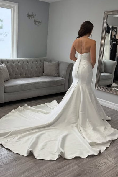 Strapless Mermaid White Satin Long Prom Dress with Train, Mermaid White Formal Dress, White Evening Dress A2273