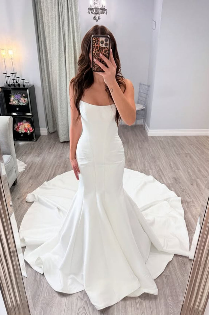 Strapless Mermaid White Satin Long Prom Dress with Train, Mermaid White Formal Dress, White Evening Dress A2273