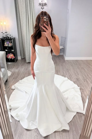 Strapless Mermaid White Satin Long Prom Dress with Train, Mermaid White Formal Dress, White Evening Dress A2273
