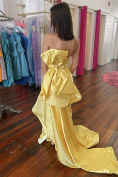 Strapless Mermaid Yellow Satin Long Prom Dress with Train, Mermaid Yellow Formal Dress, Yellow Evening Dress A2494