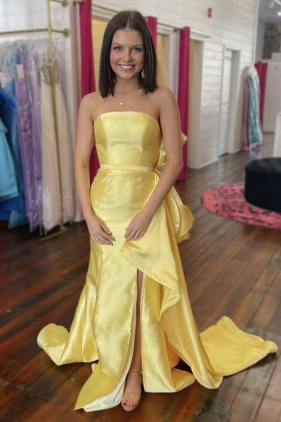 Strapless Mermaid Yellow Satin Long Prom Dress with Train, Mermaid Yellow Formal Dress, Yellow Evening Dress A2494