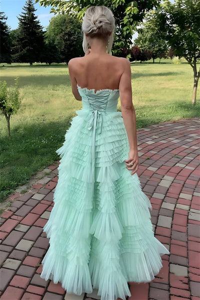 Strapless Mint Green Tulle Long Prom Dresses, Mint Green Formal Gradua