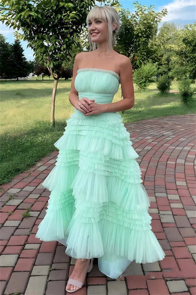 Strapless Mint Green Tulle Long Prom Dresses, Mint Green Formal Gradua abcprom Strapless Mint Green Tulle Long Prom Dresses, Mint Green Formal Gradua abcprom