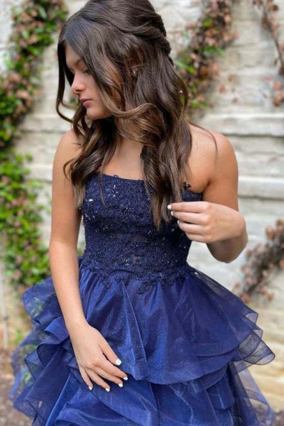 Strapless Navy Blue Lace Short Prom Dress, Navy Blue Lace Homecoming Dress A2444