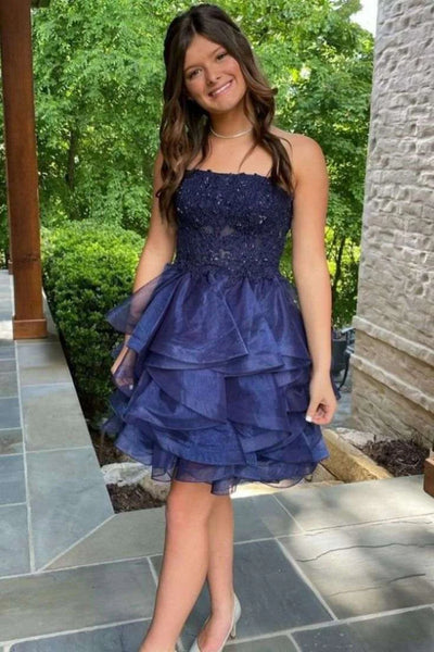 Strapless Navy Blue Lace Short Prom Dress, Navy Blue Lace Homecoming Dress A2444