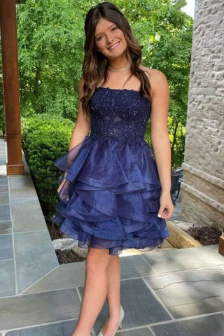 Strapless Navy Blue Lace Short Prom Dress, Navy Blue Lace Homecoming Dress A2444