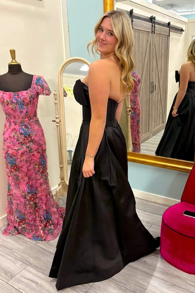 Openboot Prom Strapless Open Back High Slit Black Satin Long Prom Dress, Strapless B ...