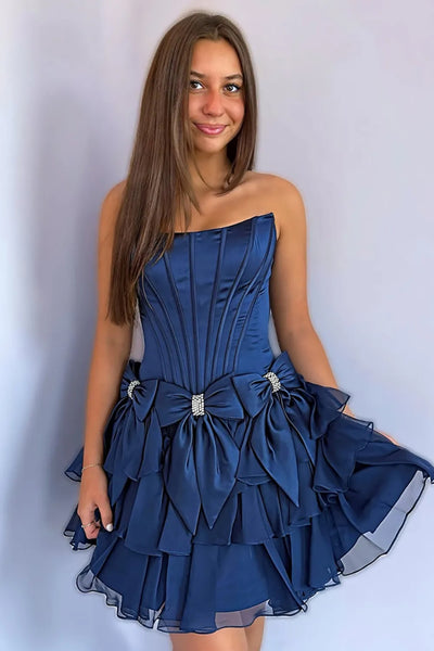 Strapless Open Back Navy Blue/Yellow Short Prom Dress with Bow, Navy Blue/Yellow Homecoming Dress A2460