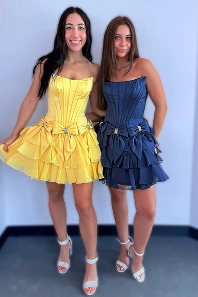 Strapless Open Back Navy Blue/Yellow Short Prom Dress with Bow, Navy Blue/Yellow Homecoming Dress A2460