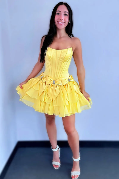 Strapless Open Back Navy Blue/Yellow Short Prom Dress with Bow, Navy Blue/Yellow Homecoming Dress A2460