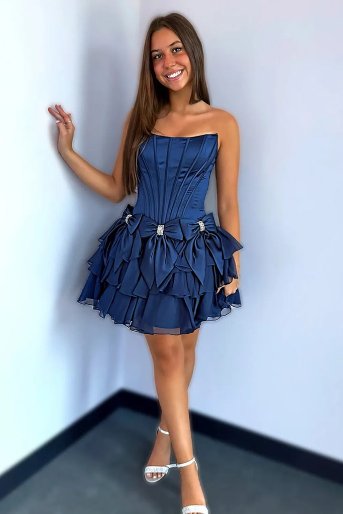 Strapless Open Back Navy Blue/Yellow Short Prom Dress with Bow, Navy B abcprom Strapless Open Back Navy Blue/Yellow Short Prom Dress with Bow, Navy B abcprom