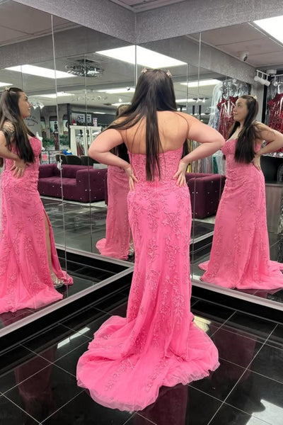 Strapless Pink Lace Long Prom Dress with High Slit, Mermaid Pink Formal Dress, Pink Evening Dress A2576