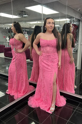 Strapless Pink Lace Long Prom Dress with High Slit, Mermaid Pink Formal Dress, Pink Evening Dress A2576