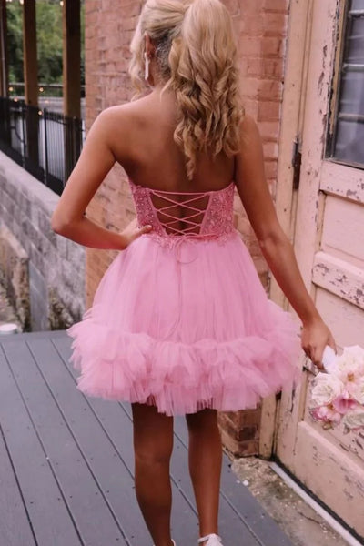 Strapless Pink Lace Short Prom Dress, Pink Lace Homecoming Dress, Pink Formal Graduation Evening Dress A2395