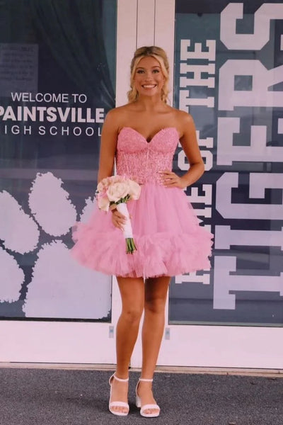 Strapless Pink Lace Short Prom Dress, Pink Lace Homecoming Dress, Pink Formal Graduation Evening Dress A2395