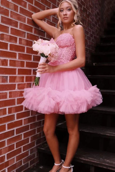 Strapless Pink Lace Short Prom Dress, Pink Lace Homecoming Dress, Pink Formal Graduation Evening Dress A2395