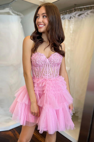 Strapless Pink Lace Short Prom Dress, Pink Lace Homecoming Dress, Sweetheart Neck Pink Formal Evening Dress A1923