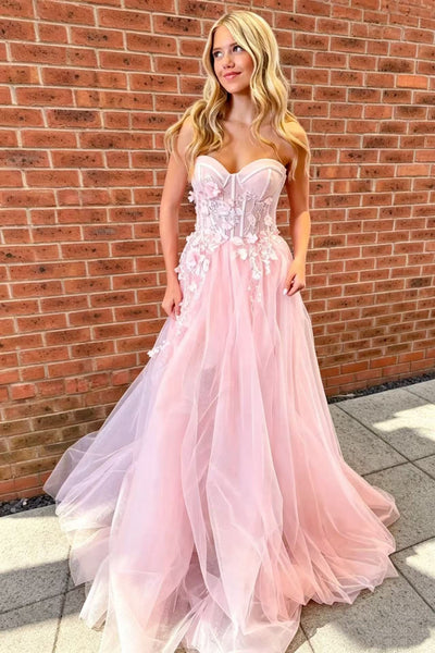 Strapless Pink Long Prom Dress with Appliques, Pink Lace Floral Formal Graduation Evening Dress A2616