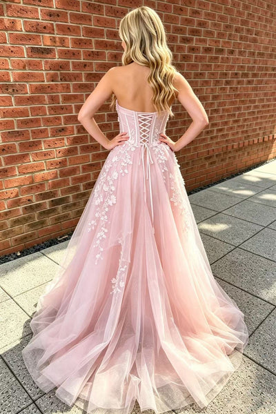 Strapless Pink Long Prom Dress with Appliques, Pink Lace Floral Formal Graduation Evening Dress A2616