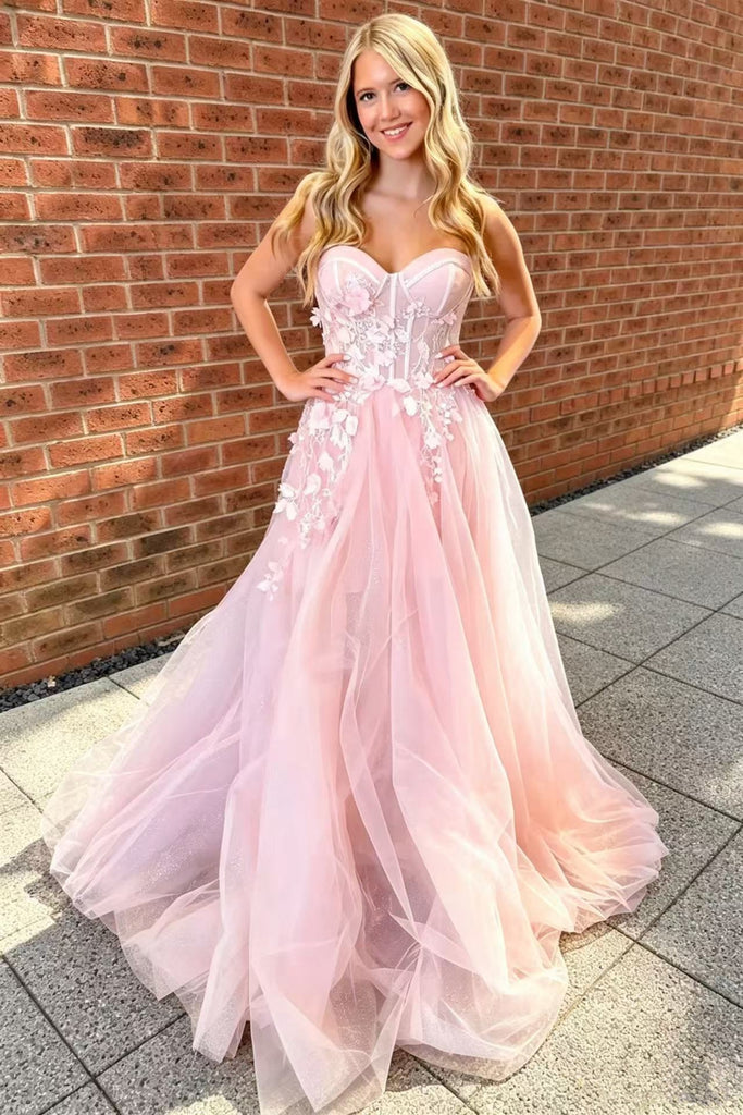 Strapless Pink Long Prom Dress with Appliques, Pink Lace Floral Formal Graduation Evening Dress A2616