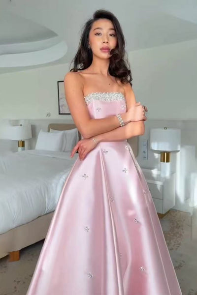 Strapless Pink Satin Long prom Dress with Beadings, Beaded Pink Formal Graduation Evening Dress A2584