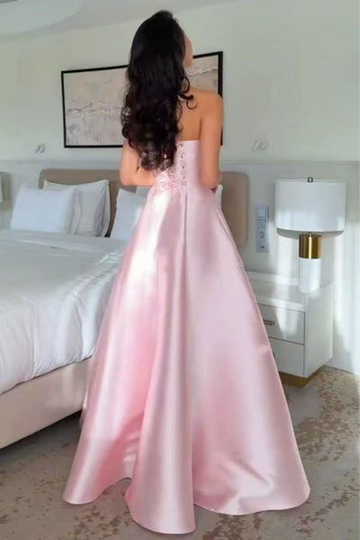 Strapless Pink Satin Long prom Dress with Beadings, Beaded Pink Formal Graduation Evening Dress A2584