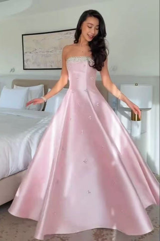 Strapless Pink Satin Long prom Dress with Beadings, Beaded Pink Formal Graduation Evening Dress A2584
