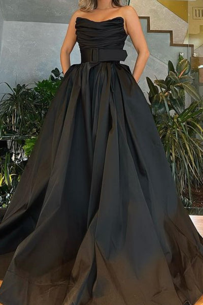Strapless Pleated Green/Black Satin Long Prom Dress, Long Green/Black Formal Graduation Evening Dress A1961