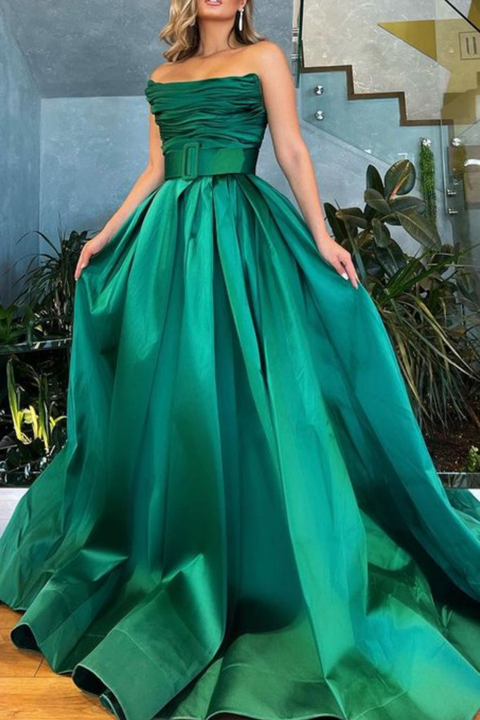 Strapless Pleated Green/Black Satin Long Prom Dress, Long Green/Black