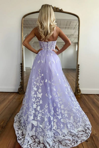 Strapless Purple Lace Long Prom Dress, Sweetheart Neck Purple Formal D