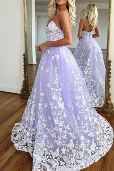 Strapless Purple Lace Long Prom Dress, Sweetheart Neck Purple Formal Dress, Purple Lace Evening Dress A1918