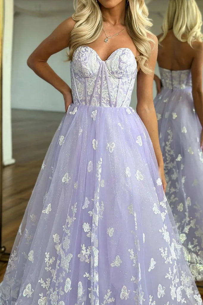 purple lace dress prom Strapless Purple Lace Long Prom Dress, Sweetheart Neck Purple Formal D – abcprom