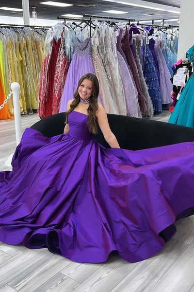 Strapless Purple Satin Long Prom Dress, Long Purple Formal Graduation Evening Dress A2409