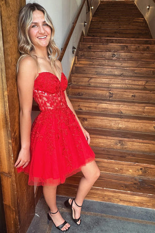 Strapless Red Lace Prom Dress, Sweetheart Neck Red Homecoming Dress, Red Lace Formal Graduation Evening Dress A1905