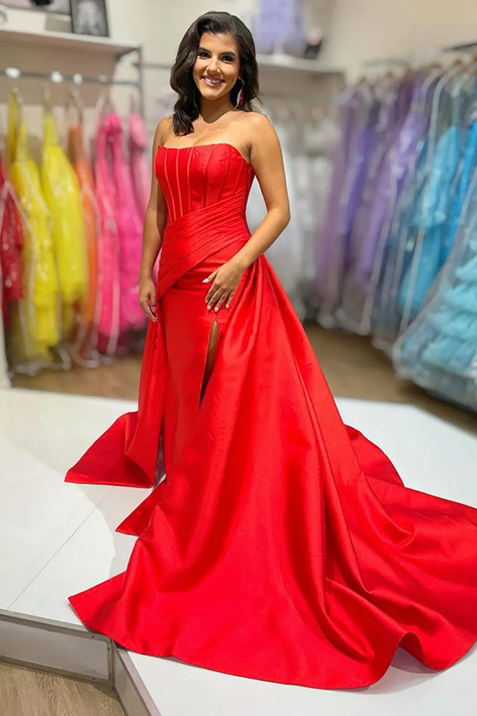Strapless Red Satin Long Prom Dress with High Slit, Long Red Formal Gr
