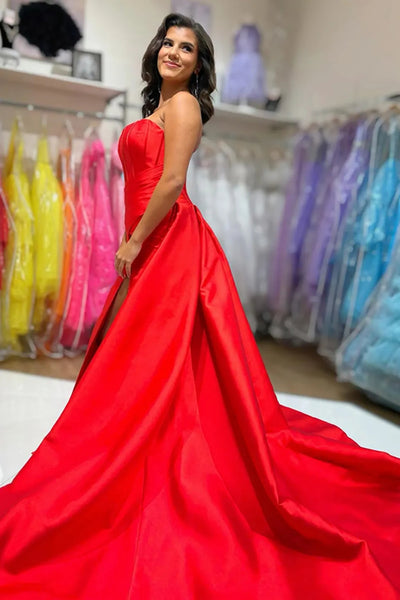 Strapless Red Satin Long Prom Dress with High Slit, Long Red Formal Graduation Evening Dress A2453