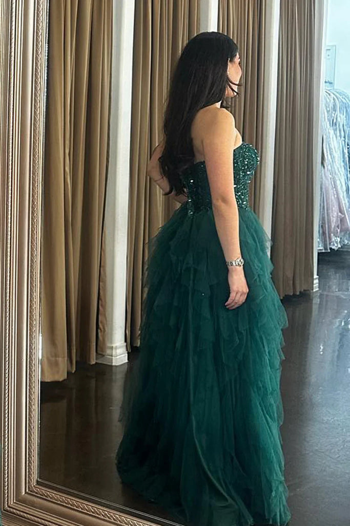 Strapless Ruffle Green Lace Long Prom Dress with High Slit, Green Lace abcprom Strapless Ruffle Green Lace Long Prom Dress with High Slit, Green Lace abcprom