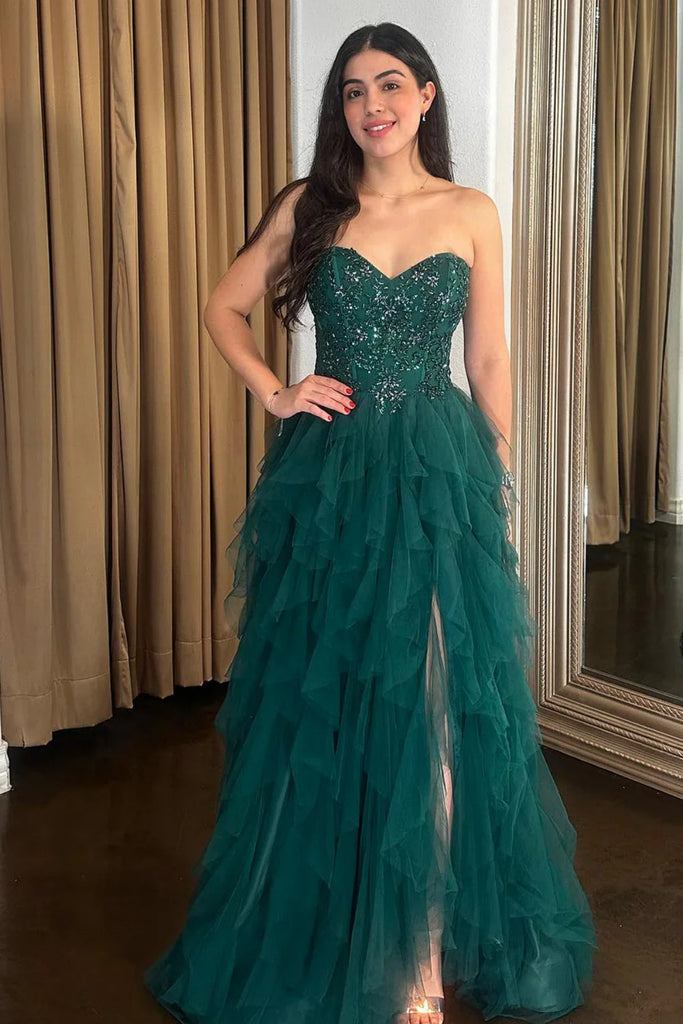 Strapless Ruffle Green Lace Long Prom Dress with High Slit, Green Lace abcprom Strapless Ruffle Green Lace Long Prom Dress with High Slit, Green Lace abcprom